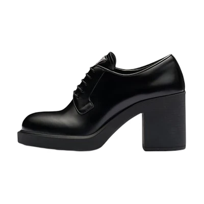 (W) Prada Lace Up 85mm Heels Black Brushed Leather