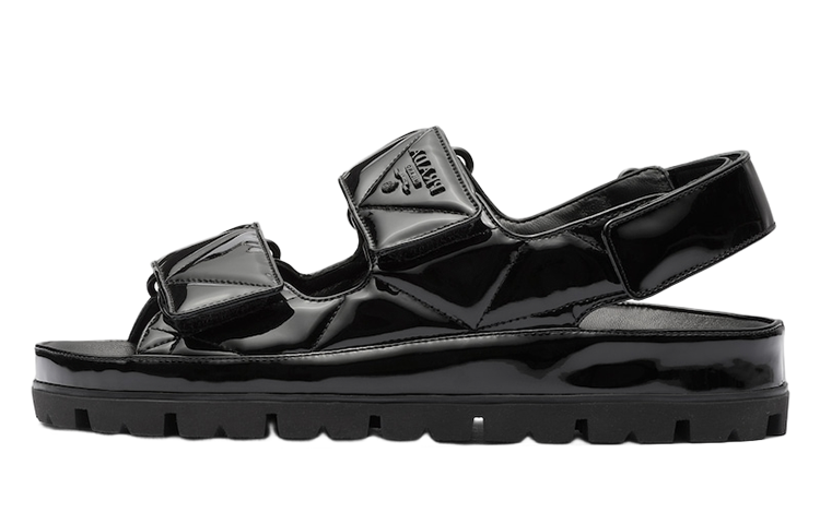 (W) Prada Leather Buckle Round Toe Sandals 'Black'