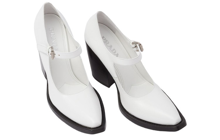 Shop (W) Escarpins à Talons Épais en Cuir Prada Boucle Mode ''Blanc'' 1I128N_055_F0009_F_090