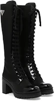 Shop PRADA 皮革 繫帶 高筒靴 女款 黑色
