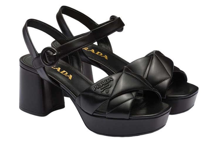 Lookbook (W) Prada Leren Logo Blokhak Sandalen met Gesp ''Zwart'' 1XP43B_038_F0002_F_065