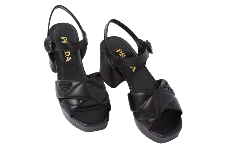 Shop (W) Prada Leren Logo Blokhak Sandalen met Gesp ''Zwart'' 1XP43B_038_F0002_F_065