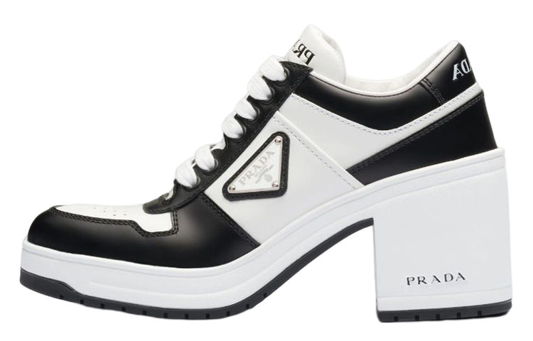 (W) Prada Leather Logo Lace-Up Chunky Heels 'Black and White'