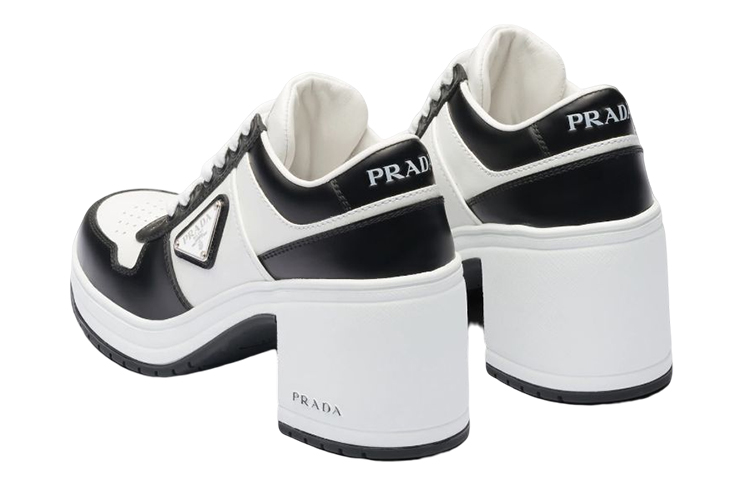 (W) Prada Leather Logo Lace-Up Chunky Heels 'Black and White' 圖 4