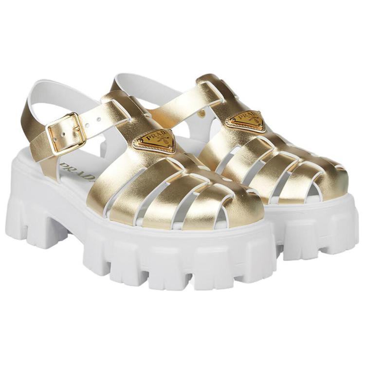(W) Prada Leather Round-Toe Buckle Fashion Slide 'Gold' 圖 3