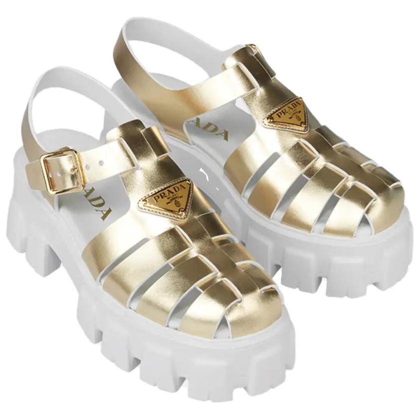 (W) Prada Leather Round-Toe Buckle Fashion Slide 'Gold' 圖 4