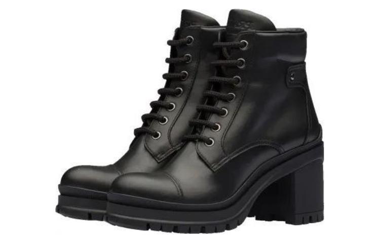 Order (W) Prada Bot Pendek Kulit Hitam dengan Tali dan Ujung Bulat 1T584L_3A6H_F0002