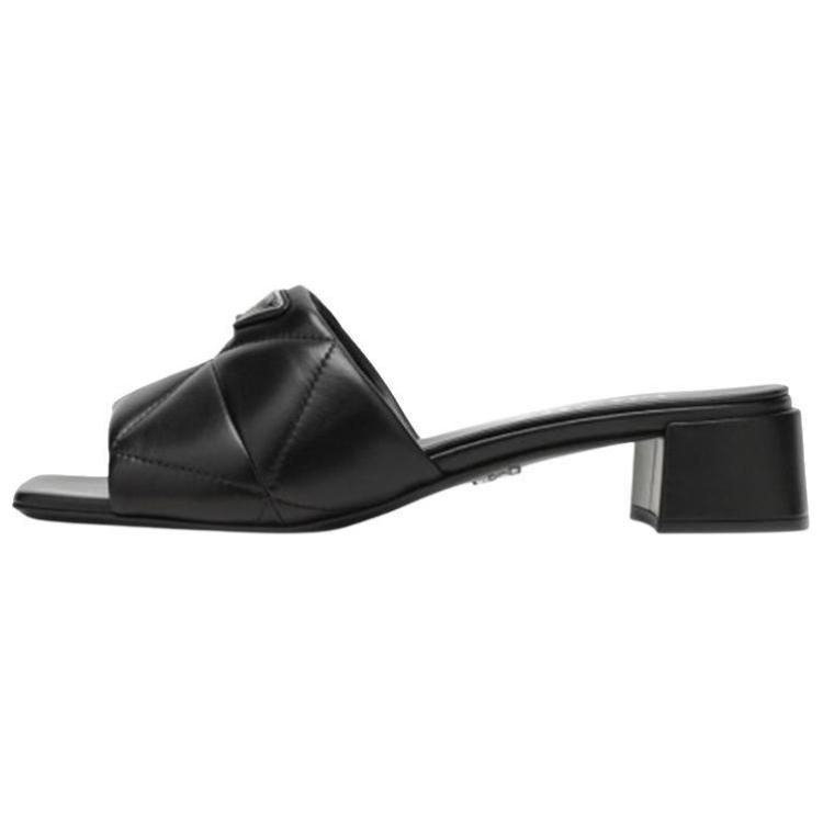(W) Prada Leather Triangle Logo Block Heel Square Toe Sandal 'Black Fashion'