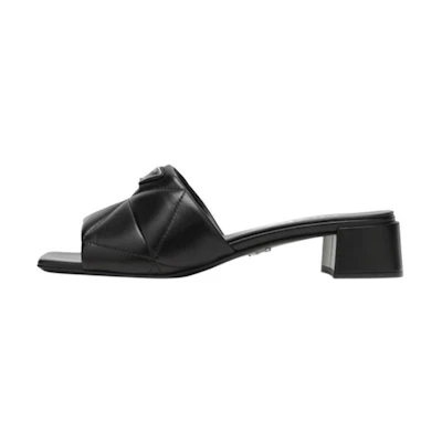 (W) Prada Leather Triangle Logo Block Heel Square Toe Sandal 'Black Fashion'