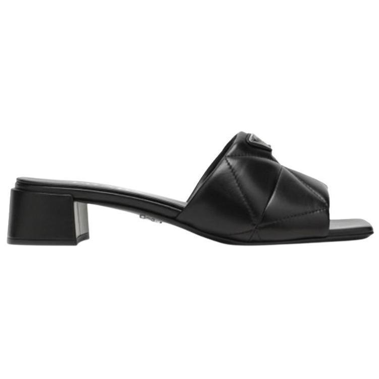 (W) Prada Leather Triangle Logo Block Heel Square Toe Sandal 'Black Fashion' 圖 2