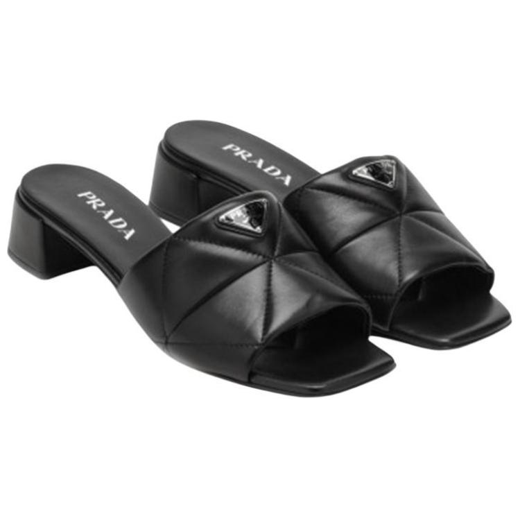 (W) Prada Leather Triangle Logo Block Heel Square Toe Sandal 'Black Fashion' 圖 3