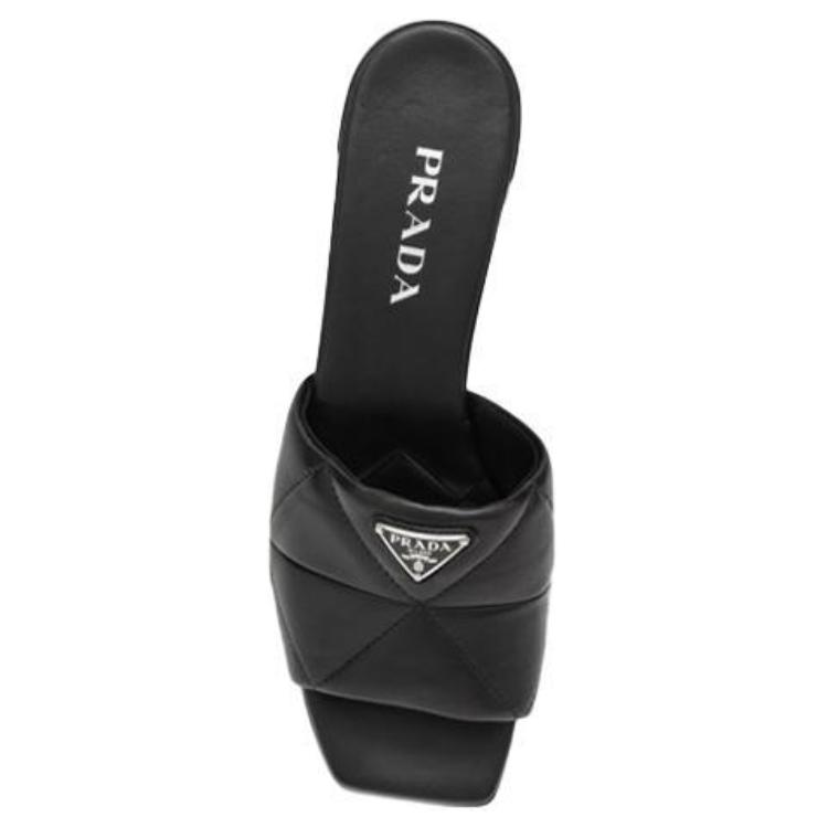 (W) Prada Leather Triangle Logo Block Heel Square Toe Sandal 'Black Fashion' 圖 4