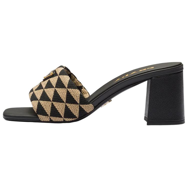 (Women) Prada Logo Jacquard Fashion Slide with 6.5cm Heel 'Beige Black' 1XX637_3LK6_F0Y30_F_065