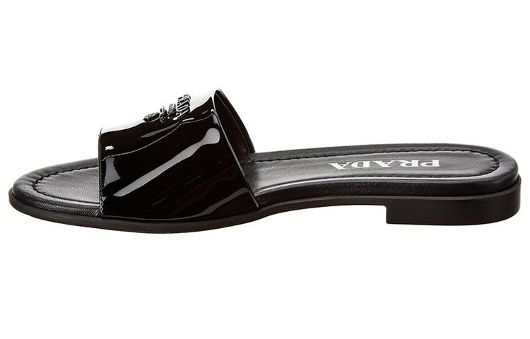 (W) Prada Logo Plaque Patent Leather Slide 'Black Fashion'
