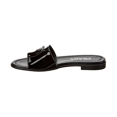 (W) Prada Logo Plaque Patent Leather Slide 'Black Fashion'