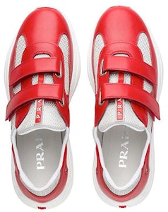 PRADA 網布皮革 低幫繫帶 低幫 休閒鞋 女款 紅白色 Lookbook PRADA 網布皮革 低幫繫帶 低幫 休閒鞋 女款 紅白色