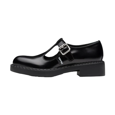 (W) Prada Mary Jane 50mm T-Strap Shoe Black Brushed Leather