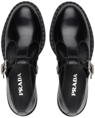 PRADA 普拉達 亮面皮革T字繫帶平底樂福鞋 女款 黑色 Shop PRADA 普拉達 亮面皮革T字繫帶平底樂福鞋 女款 黑色