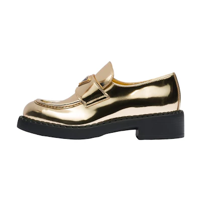 (W) Prada Metallic 50mm Loafers Platinum Gold Leather
