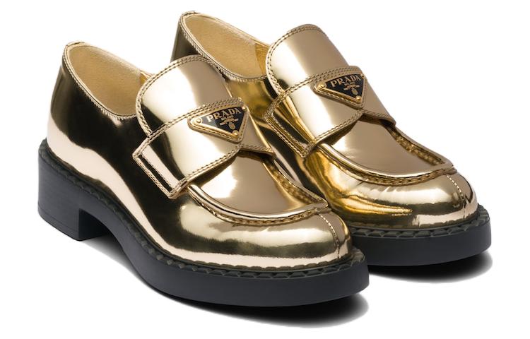 Lookbook (W) Mocasines Prada Metálicos de 50mm Oro Platino de Cuero 1D246M_3AU1_F0522_F_B050