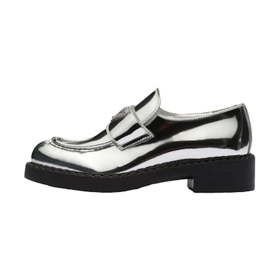 (W) Prada Metallic 50mm Loafers Silver Leather