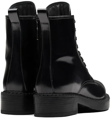 PRADA 普拉達 耐磨防滑亮面皮革系帶中筒靴 女款 黑色 Shop PRADA 普拉達 耐磨防滑亮面皮革系帶中筒靴 女款 黑色