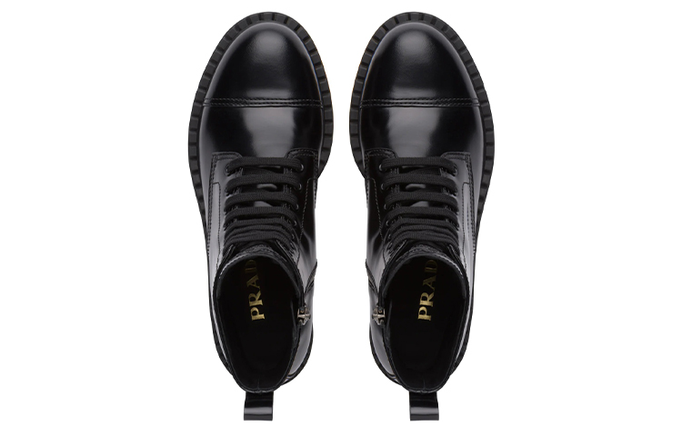 Purchase PRADA 普拉達 耐磨防滑亮面皮革系帶中筒靴 女款 黑色