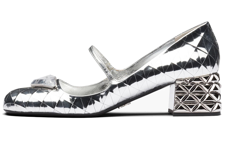 (W) Prada Mid-Heel Metallic Leather 'Silver'