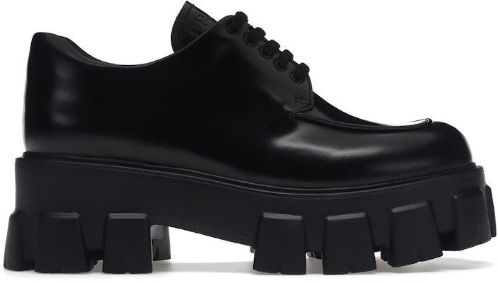 (Women) Prada Monolith 55mm Lace Up Loafer Black Brushed Leather 1E708L_B4L_F0002_F_B055 Buy (Women) Prada Monolith 55mm Lace Up Loafer Black Brushed Leather 1E708L_B4L_F0002_F_B055