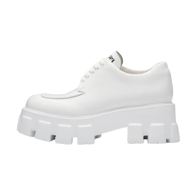 (W) Prada Monolith 55mm Lace Up Loafer White Brushed Leather