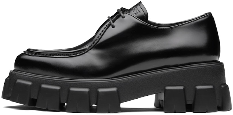 (Women) Prada Monolith 55mm Pointy Lace Up Loafer Black Brushed Leather 1E719M_055_F0002_F_055 Buy (Women) Prada Monolith 55mm Pointy Lace Up Loafer Black Brushed Leather 1E719M_055_F0002_F_055