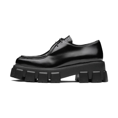 (W) Prada Monolith 55mm Pointy Lace Up Loafer Black Brushed Leather