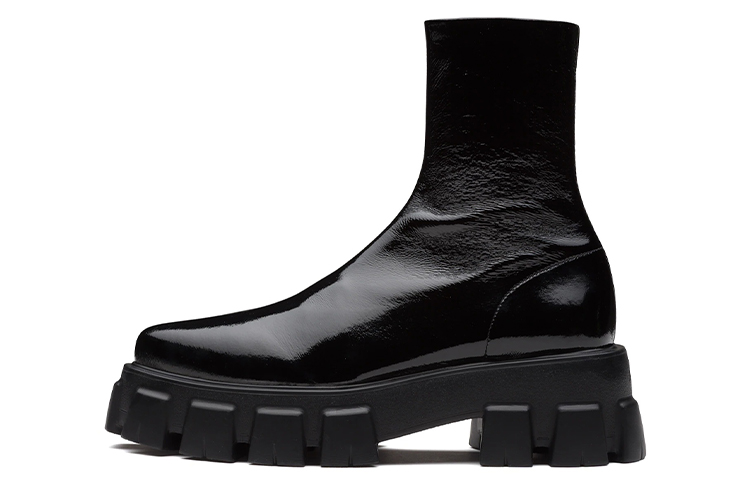 Buy (W) Prada Monolith ''Bottes Mi-Mollet en Cuir Verni Noir'' 1U668M_3LBK_F0002_F_055