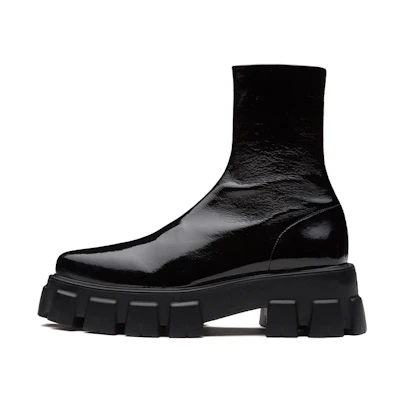 (W) Prada Monolith 'Black Patent Leather Mid-Calf Boot'
