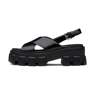 (W) Prada Monolith 'Glossy Black Leather Sandal'