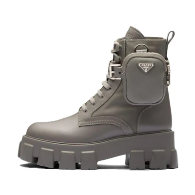 (W) Prada Monolith 'Grey Leather Lace-Up Ankle Boots'