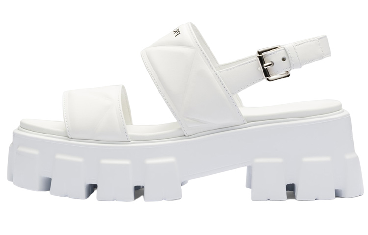 Buy PRADA Monolith 皮革搭扣露趾圓頭時尚涼拖 女款 白色