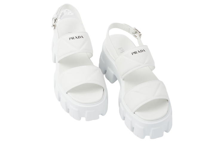 Lookbook PRADA Monolith 皮革搭扣露趾圓頭時尚涼拖 女款 白色