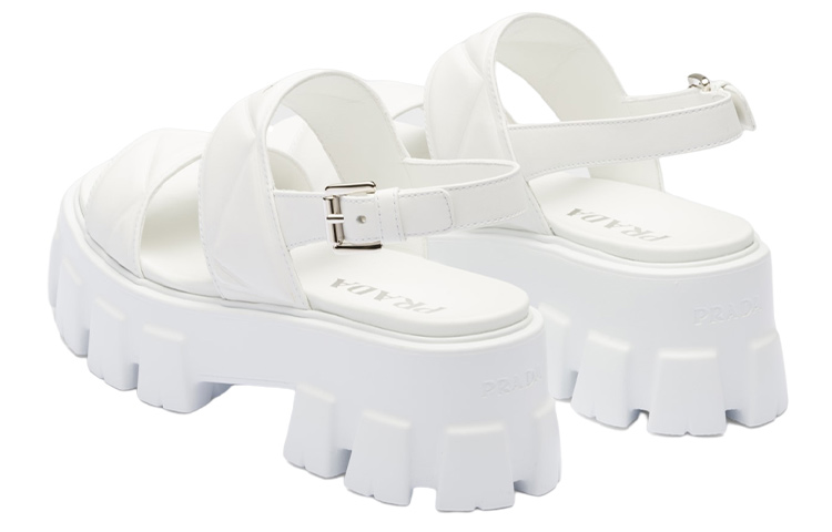 Shop PRADA Monolith 皮革搭扣露趾圓頭時尚涼拖 女款 白色