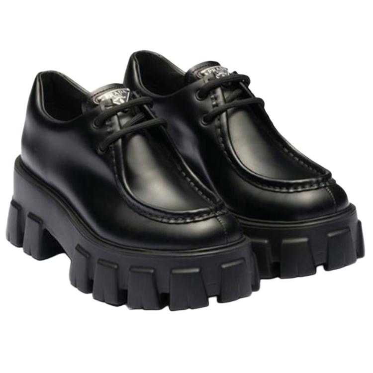 Lookbook PRADA Monolith 皮革 圓頭繫帶舒適氣質 休閒單鞋 5.5cm 女款 黑色