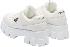 Shop PRADA 皮革 徽标 繫帶 厚底鞋 女款 白色