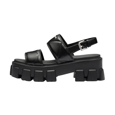 (W) Prada Monolith Leather Buckle Peep Toe Flat 'Black'