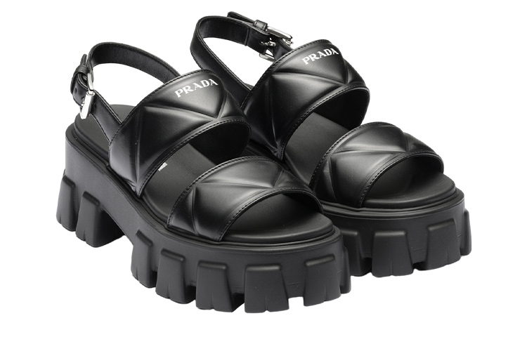 Lookbook (W) Prada Monolith Leder Peep Toe Sandale mit Schnalle ''Schwarz'' 1X040N_ASK_F0002_F_055