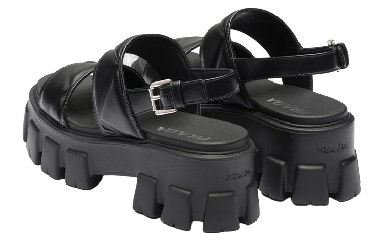 Purchase (W) 普拉达黑色牛皮搭扣露趾平底鞋 1X040N_ASK_F0002_F_055