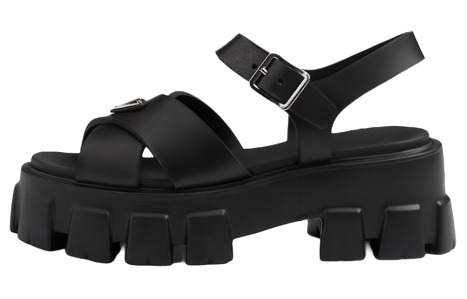 (Women) PRADA Monolith Leather Sandals Black Comfortable Beachwear 1X382N_3LKK_F0002_F_055