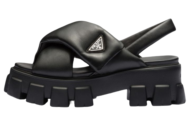 Buy 普拉达 Monolith 皮革 徽标 厚底 時尚涼鞋 女款 黑色