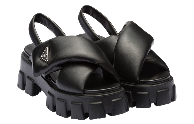 Order 普拉达 Monolith 皮革 徽标 厚底 時尚涼鞋 女款 黑色