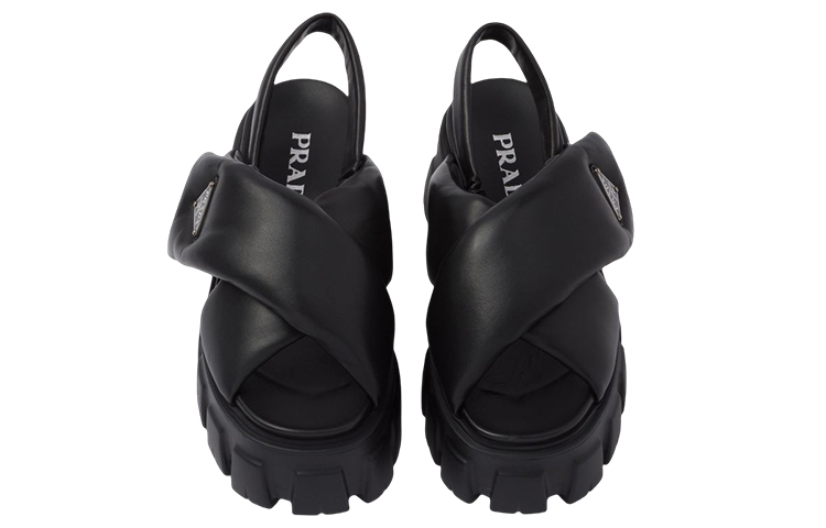 Lookbook 普拉达 Monolith 皮革 徽标 厚底 時尚涼鞋 女款 黑色