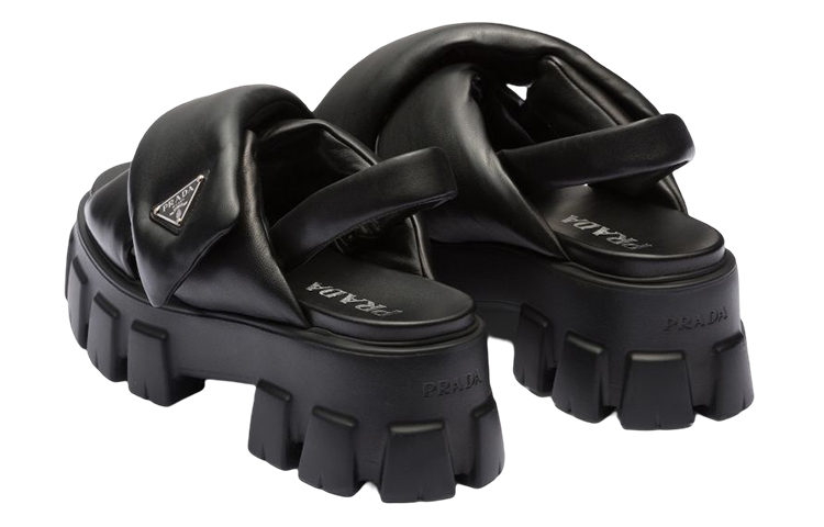 Shop 普拉达 Monolith 皮革 徽标 厚底 時尚涼鞋 女款 黑色