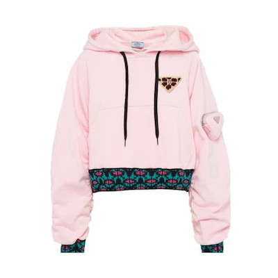 (Women) PRADA Oversized Jacquard Detail Cropped Hoodie Sweatshirt Women Pink 134637-1T56-F002B-S-212
